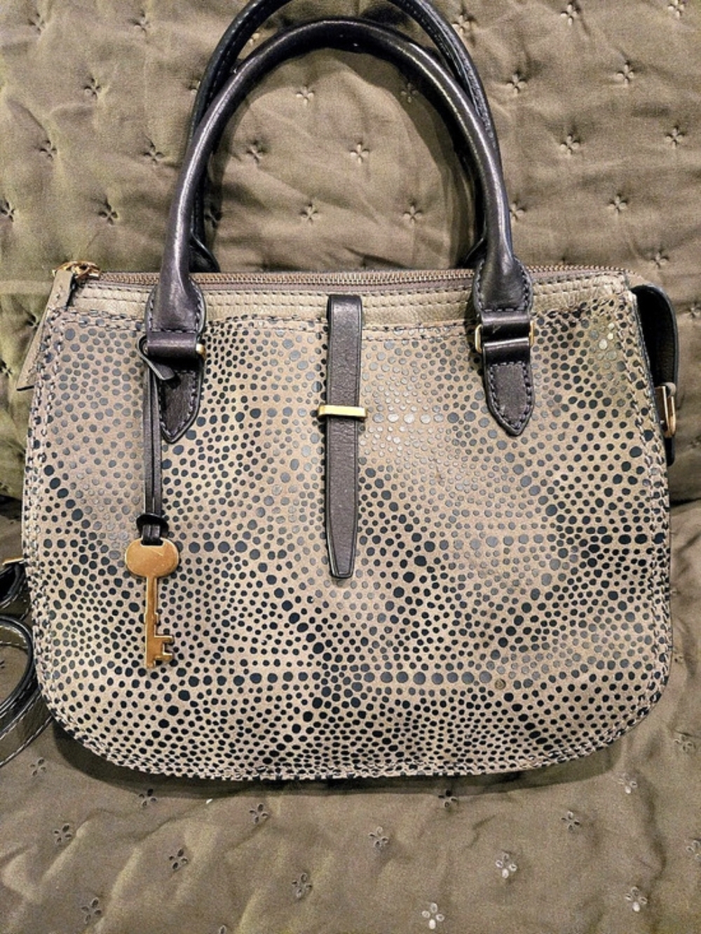 Fossil Ryder Satchel Army Green Leather/Suede w/ Black. Beautiful Condition!